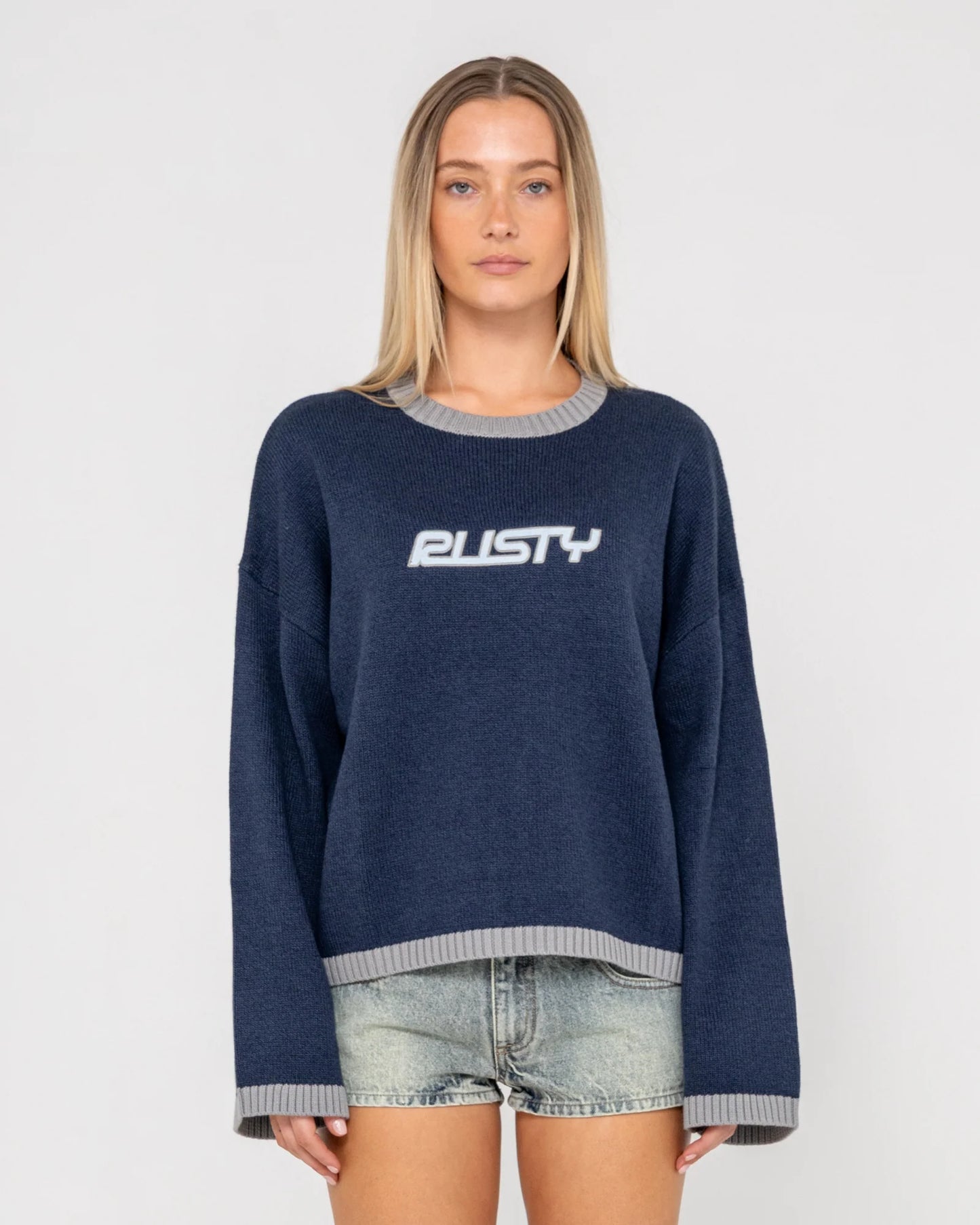 Rusty Rider Relaxed Crew Neck Knit - Navy