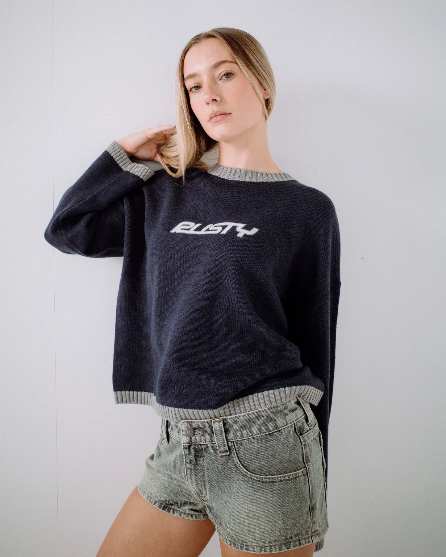 Rusty Rider Relaxed Crew Neck Knit - Navy