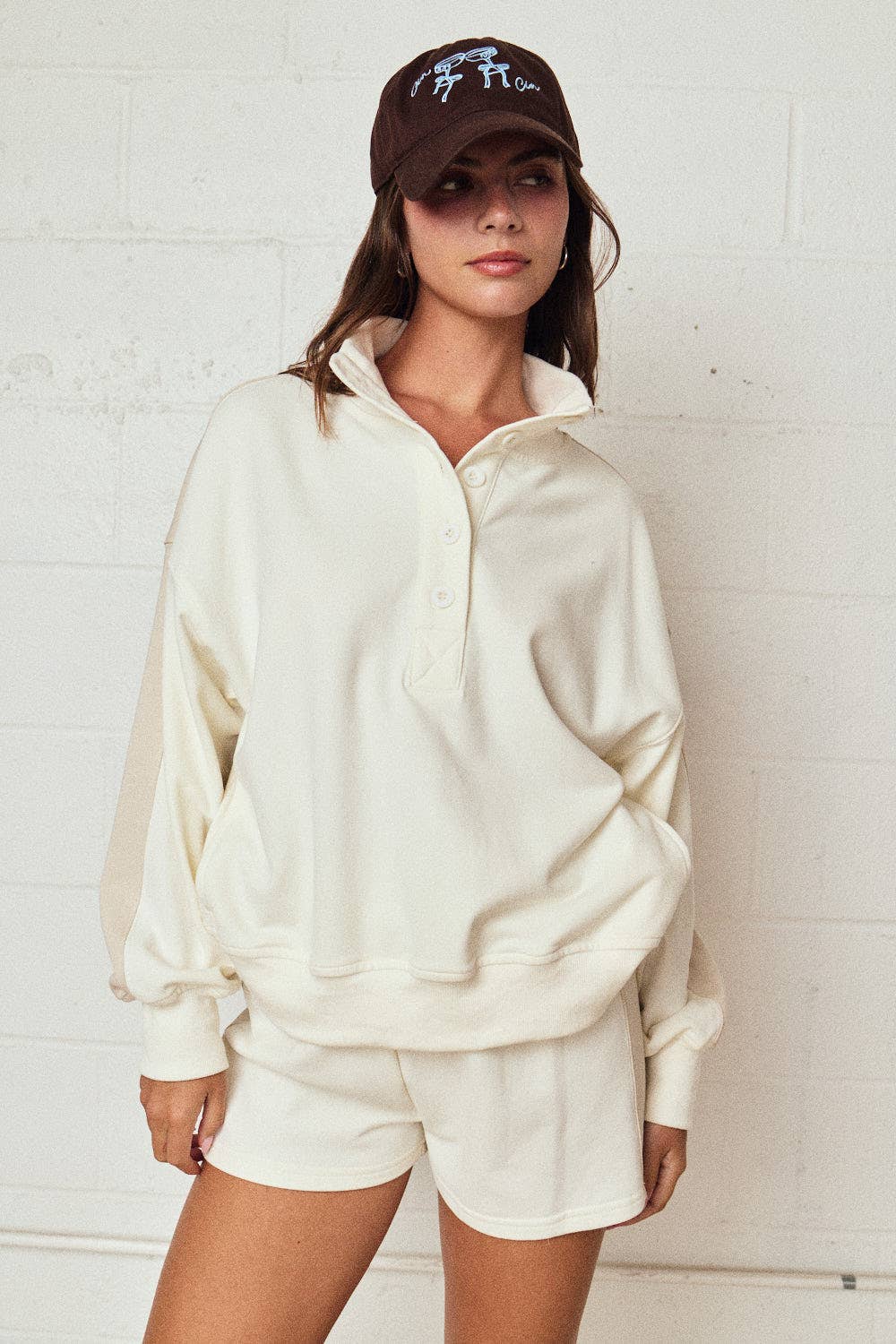 Mock neck Color block Pullover Short Set