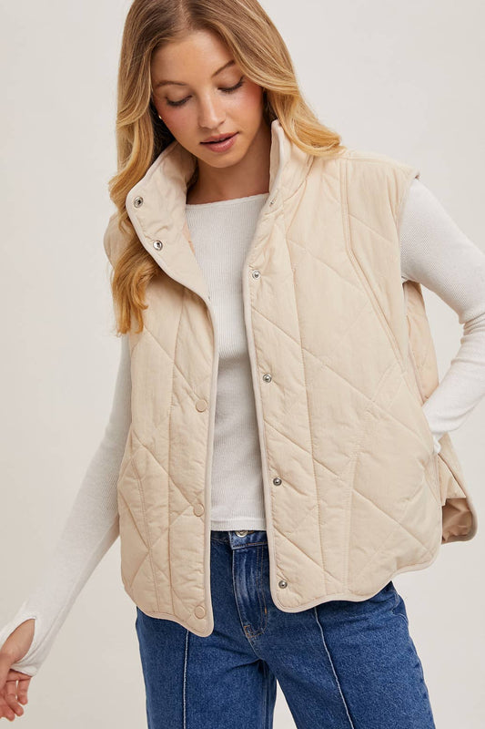 Button Down Quilted Puffer Vest with Pockets: Beige