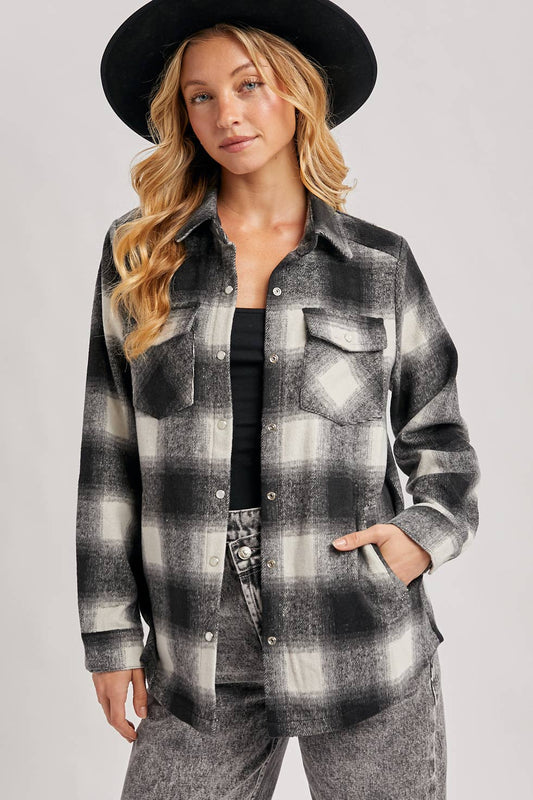 Button Down Flannel Shacket with Pockets: Black