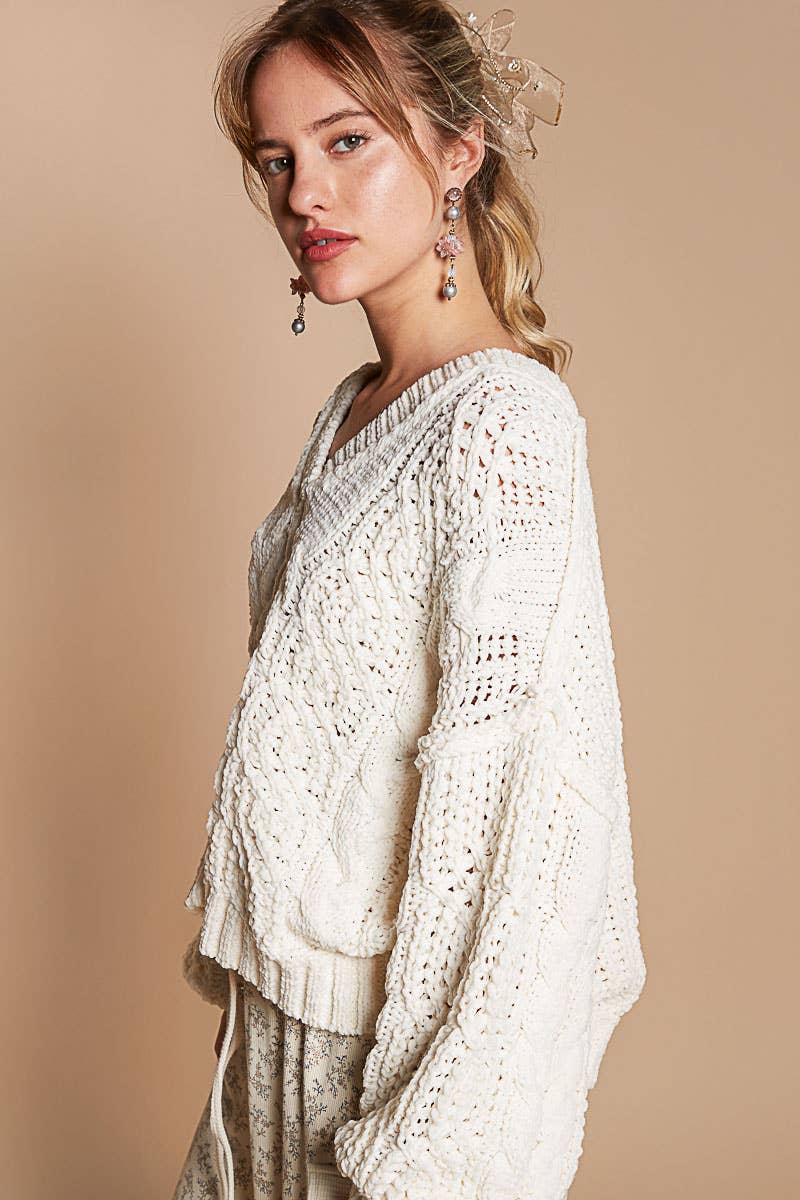 V-neck Chenille sweater - Cream