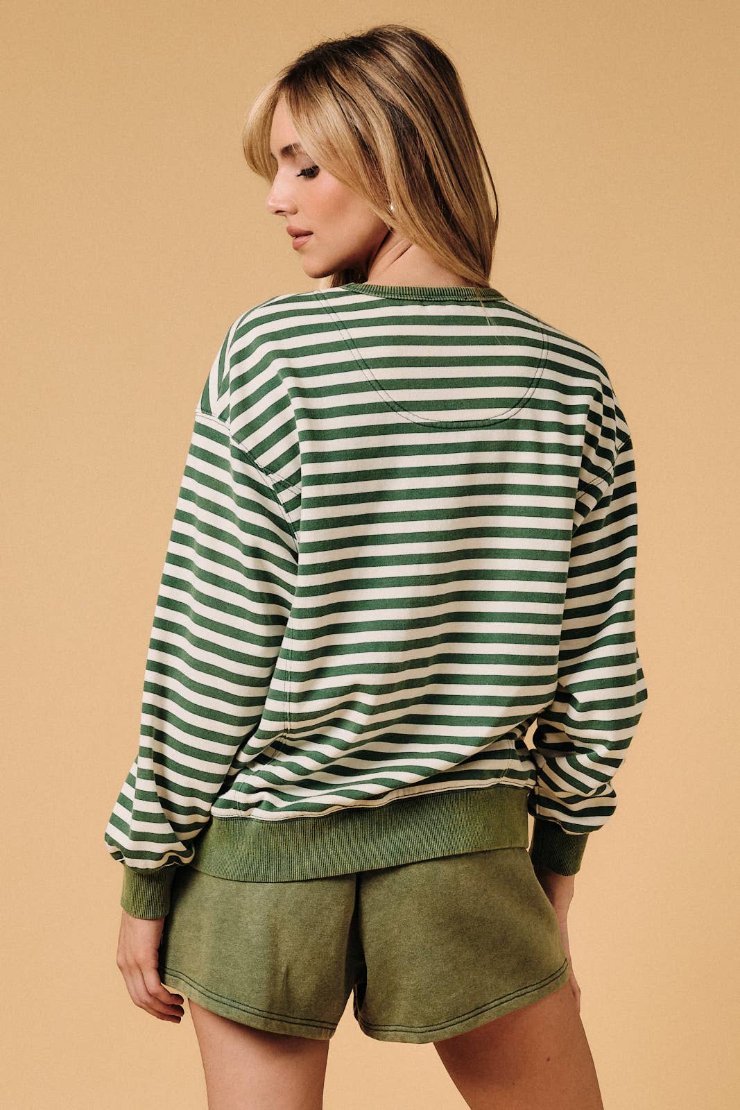 Crew Neck Long Sleeve Stripe French Terry Sweater Shirt - Green & Cream Stripe