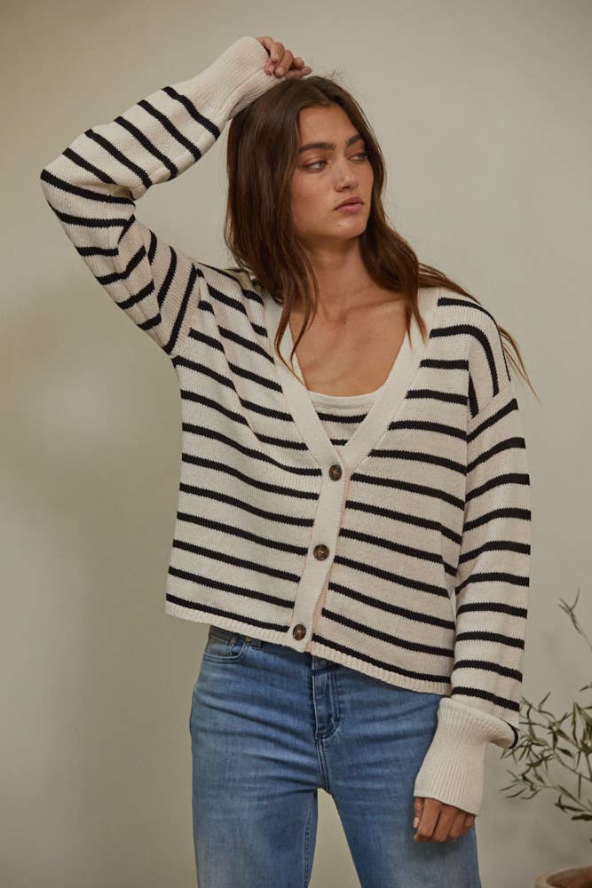 Knit V-Neck Stripe Cardigan