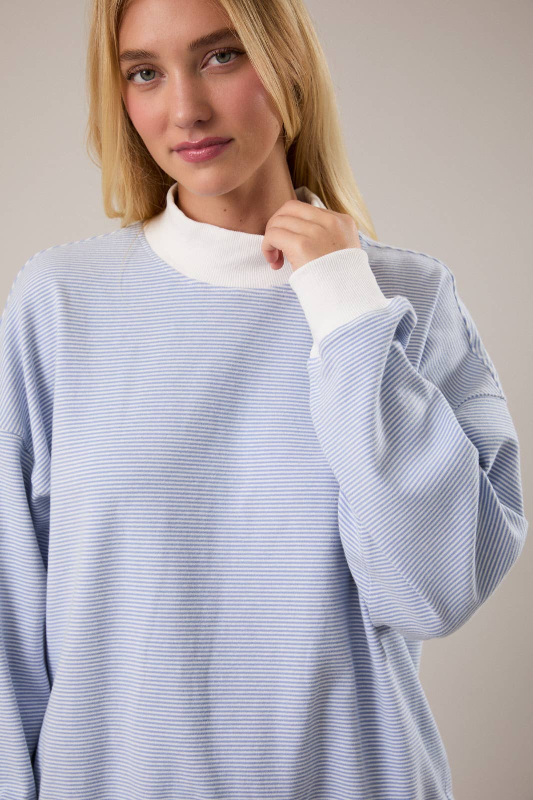 Mock Neck Stripe Sweatshirt - Light Blue Stripe