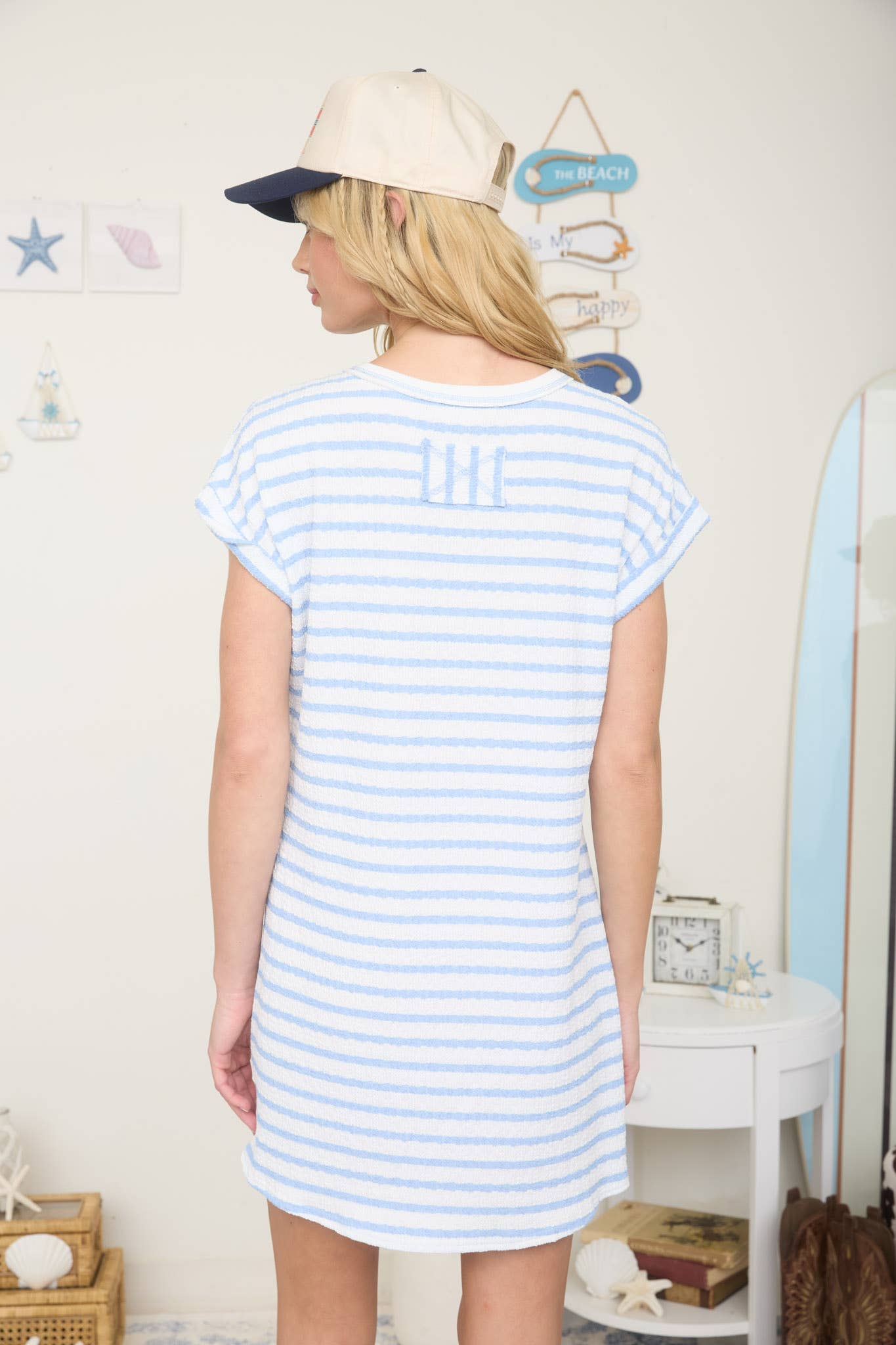 TEXTURED STRIPE KNIT T-SHIRT DRESS - LIGHT BLUE