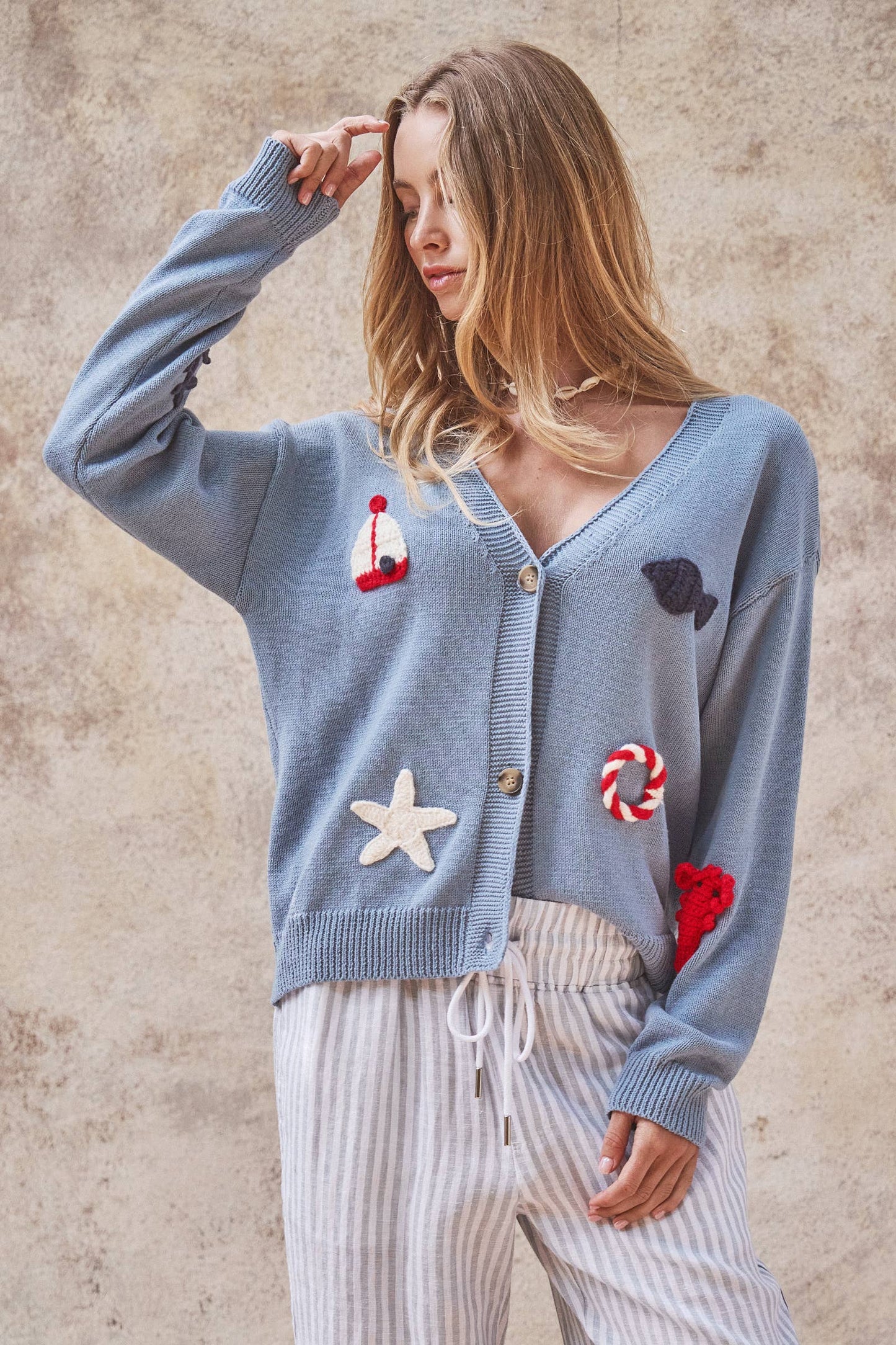 Crochet Patch Nautical Cardigan - Blue