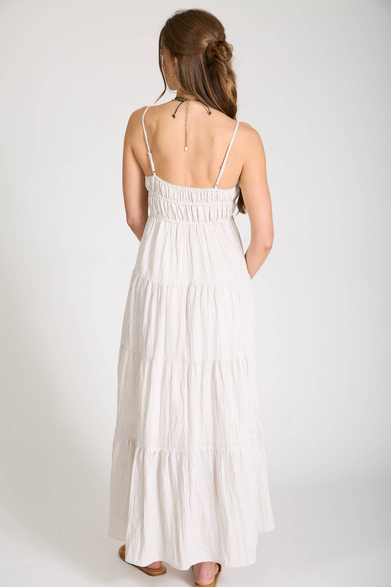 Stripe Shirred Empire Waist Tiered Midi Dress: Mocha