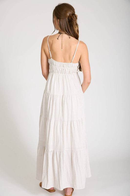 Stripe Shirred Empire Waist Tiered Midi Dress: Mocha
