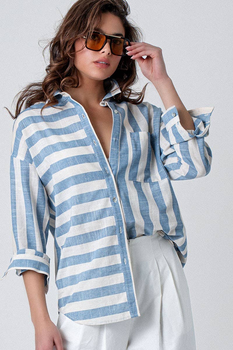 Mixed Stripe Pattern Oversized Button Down Shirt - Blue
