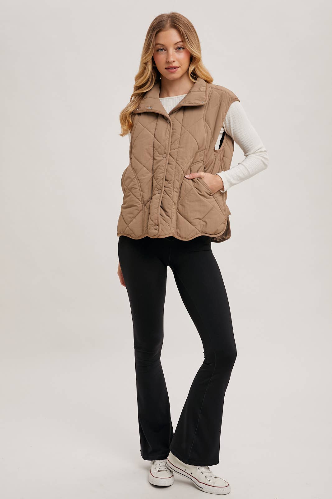 Button Down Quilted Puffer Vest with Pockets: Mushroom