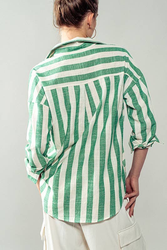 Mixed Stripe Pattern Oversized Button Down Shirt