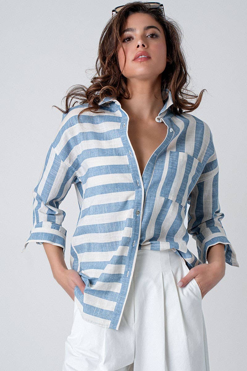 Mixed Stripe Pattern Oversized Button Down Shirt - Blue