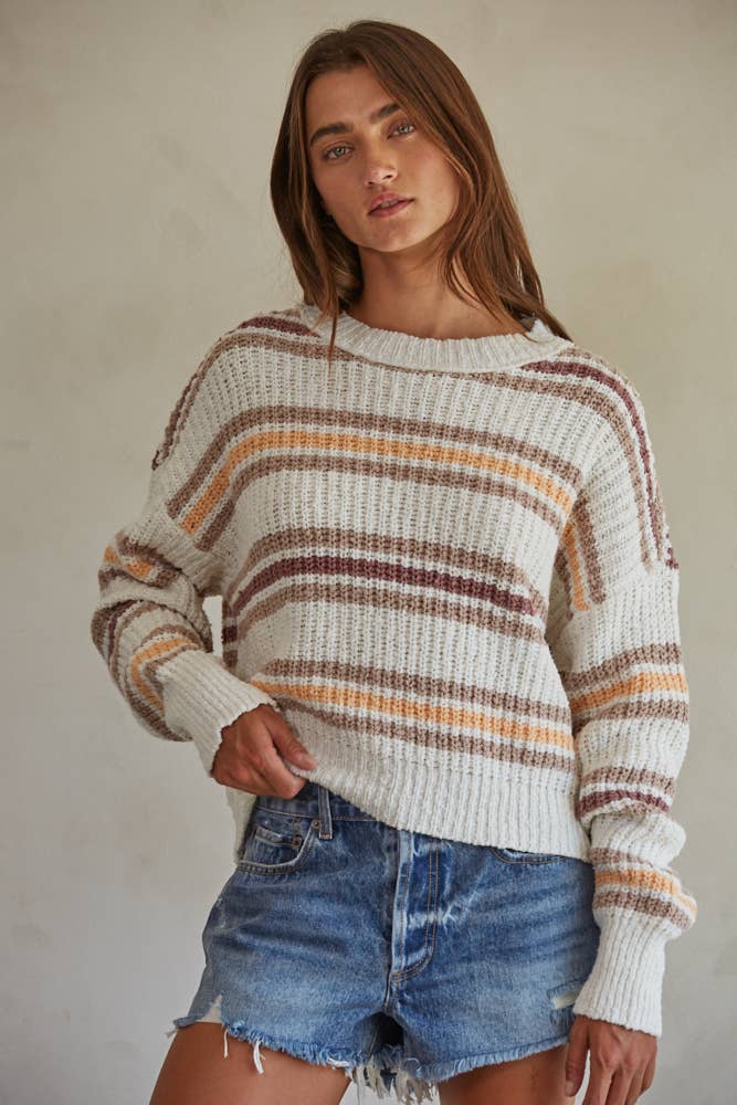 Knit Striped Sweater Long Sleeve Mock Neck Pullover: White Multi