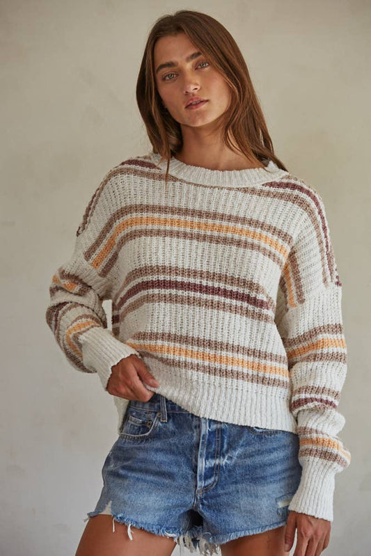 Knit Striped Sweater Long Sleeve Mock Neck Pullover: White Multi