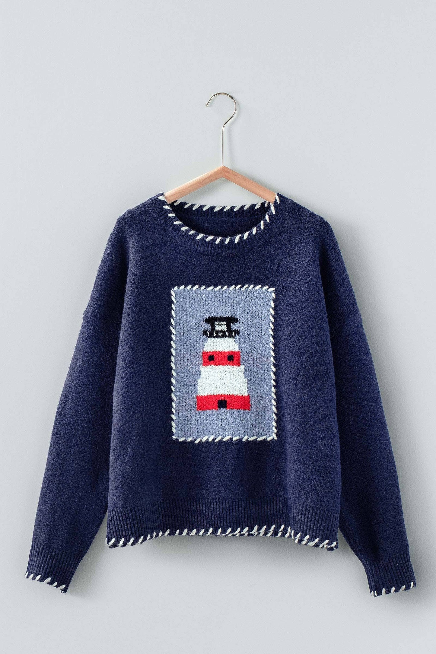Whipstitch Trim Lighthouse Knit Sweater - NAVY
