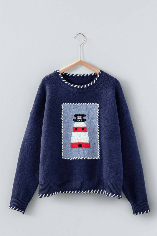 Whipstitch Trim Lighthouse Knit Sweater - NAVY