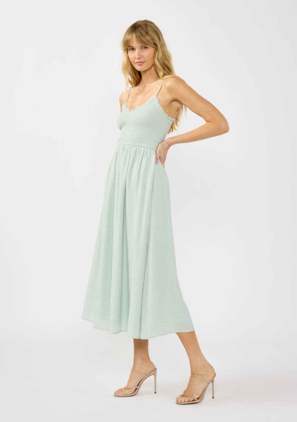Spaghetti Strap V-Neck Midi Dress - Mint Green