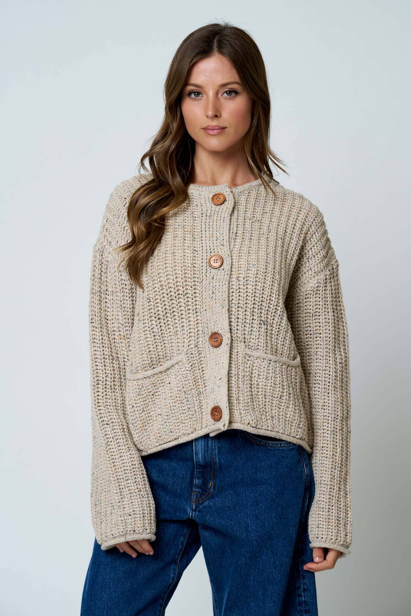 Marled Button Down Raw Edge Chunky Knit Cardigan: LIGHT KHAKI