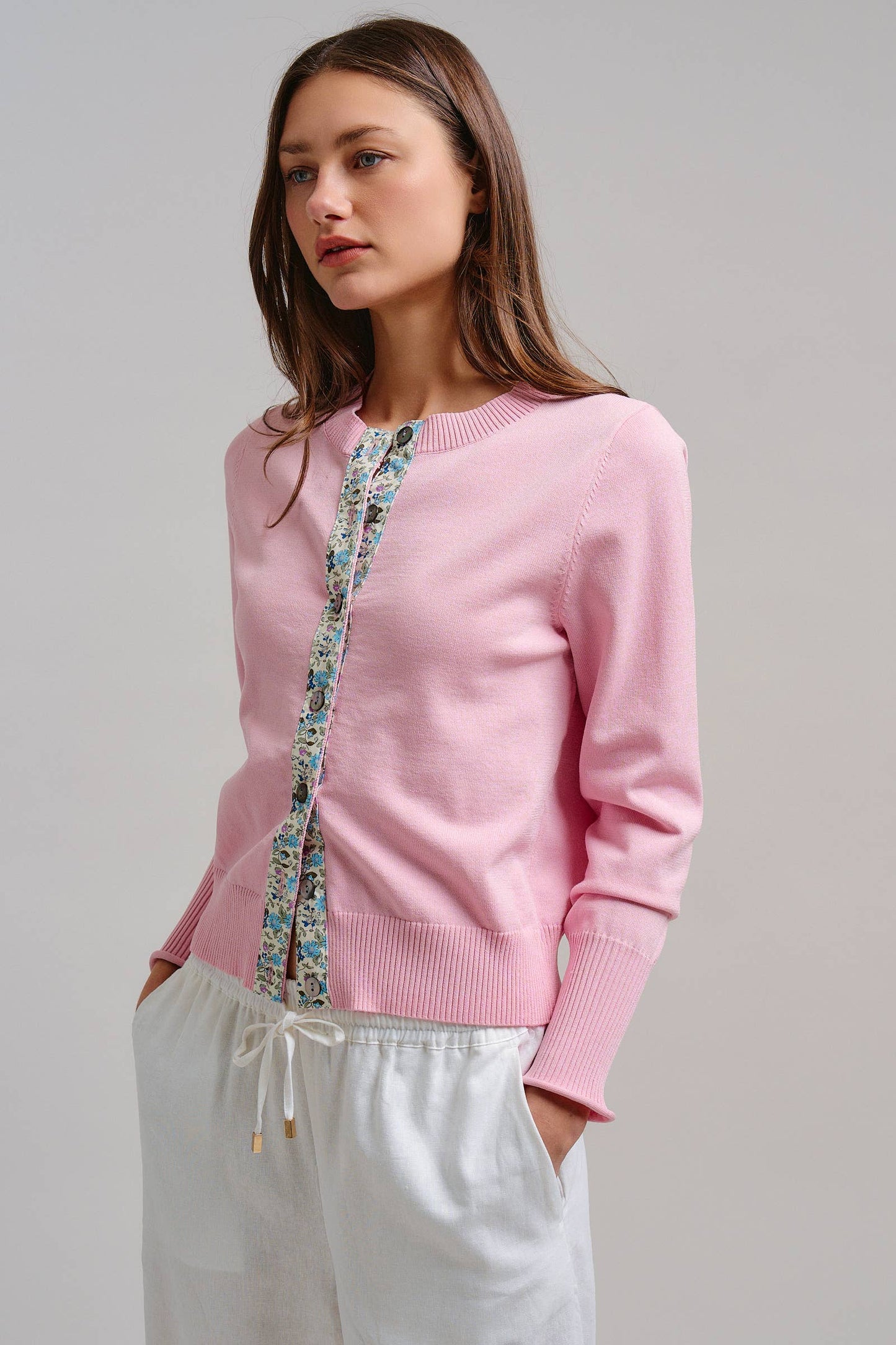 Contrast Floral Detail Knit Button Cardigan - Pink