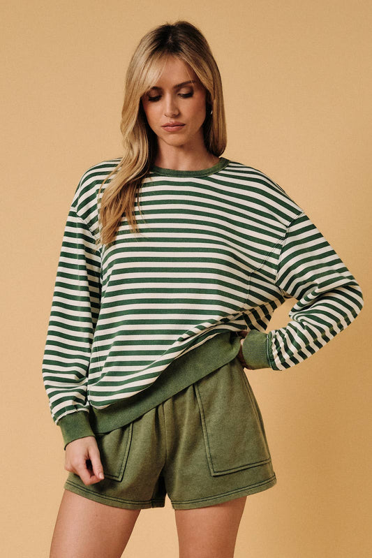 Crew Neck Long Sleeve Stripe French Terry Sweater Shirt - Green & Cream Stripe