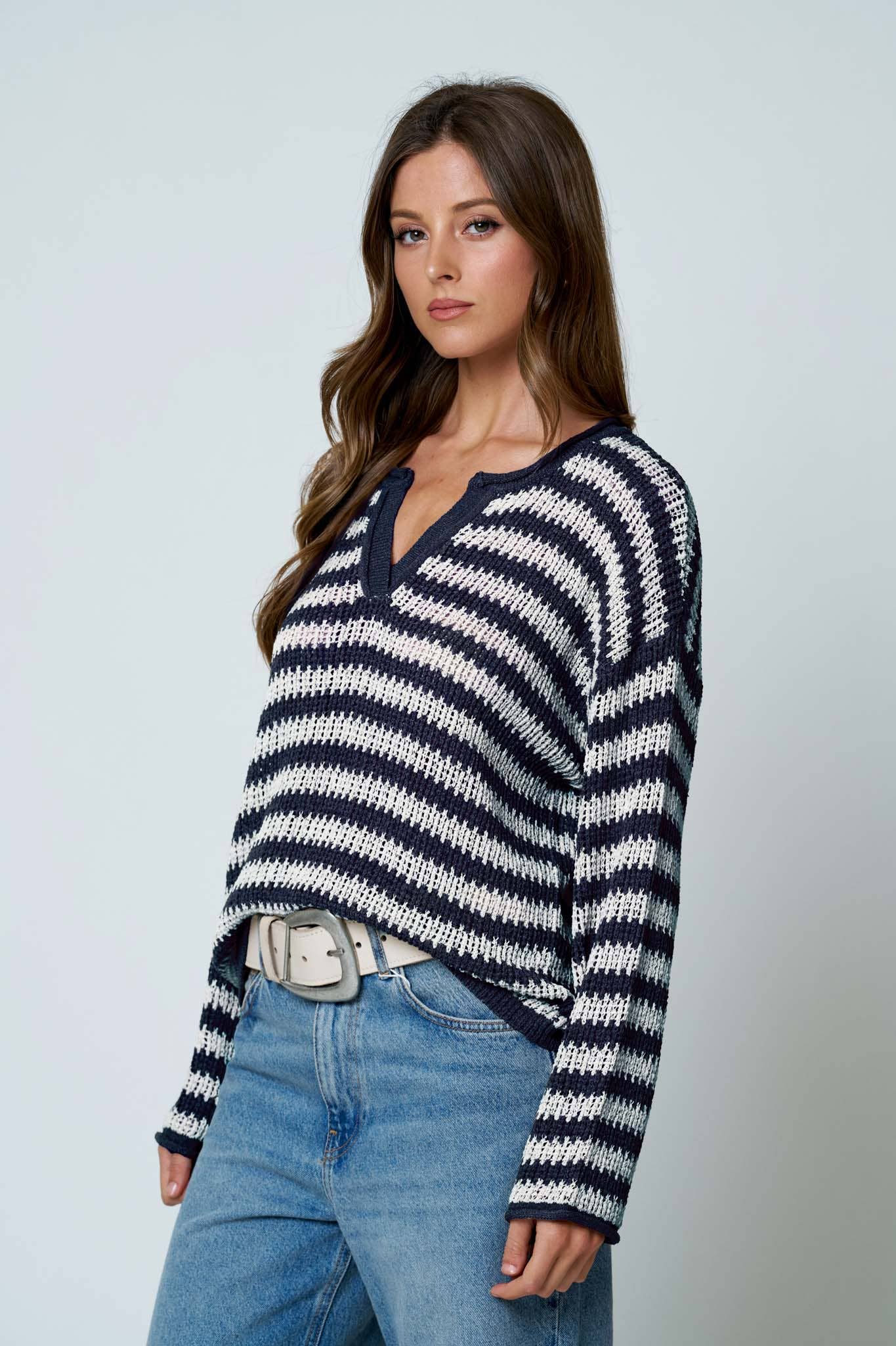 STRIPE RAW EDGE SPLIT NECK SHEER KNIT SWEATER - NAVY