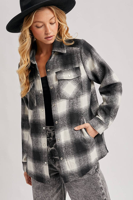 Button Down Flannel Shacket with Pockets: Black