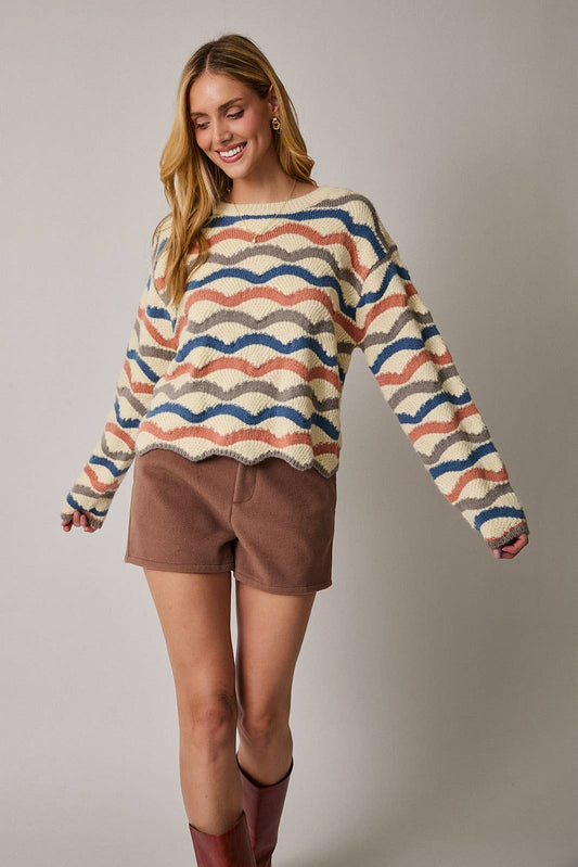 Round Neck Long Sleeve Wavy Stripe Sweater
