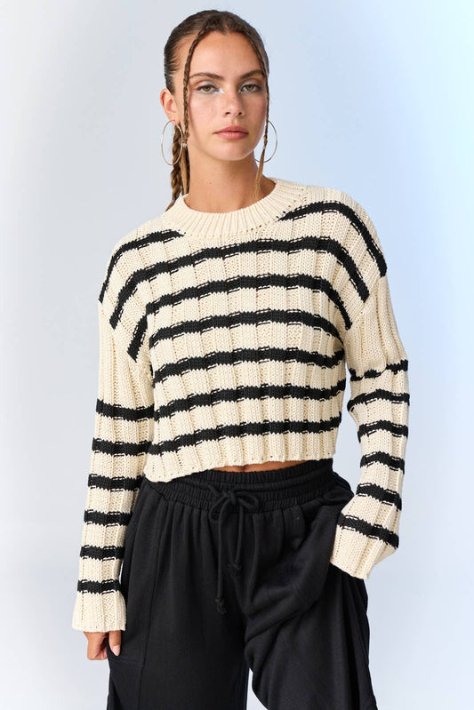 Copped Striped Sweater: Cream/Black