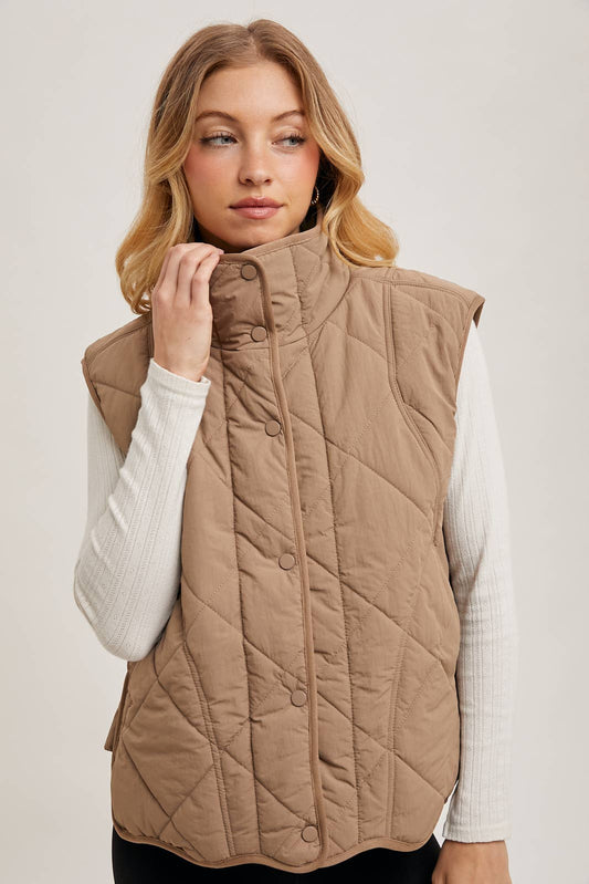 Button Down Quilted Puffer Vest with Pockets: Mushroom