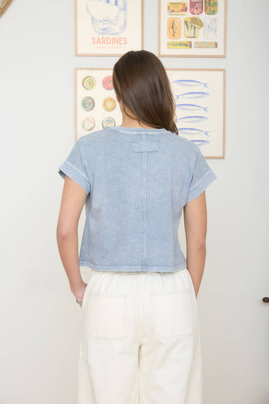 WASHED SHORT SLEEVE BOXY KNIT TOP : SLATE BLUE