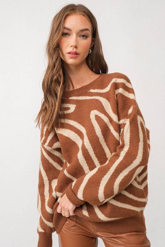 Wave Print Oversized Sweater Top - Beige