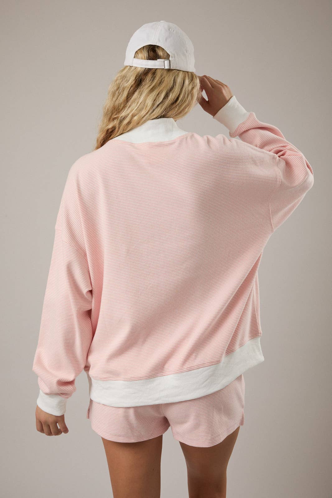 Mock Neck Stripe Sweatshirt - Peach Cream Stripe