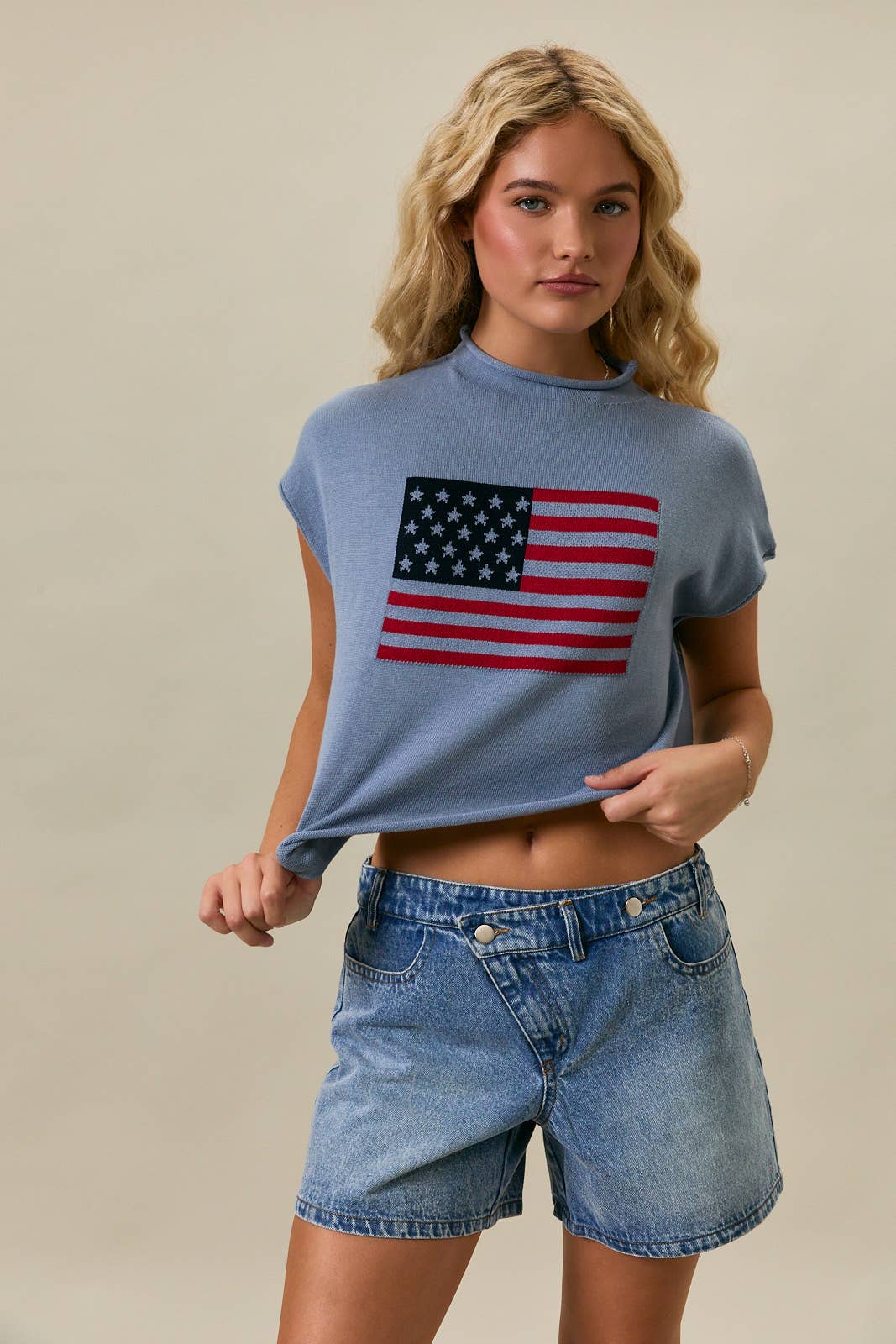 Mock Neck USA Sweater - Light Blue