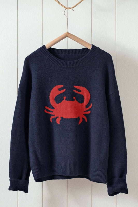 Crab Graphic Relaxed Knit Sweater - Navy