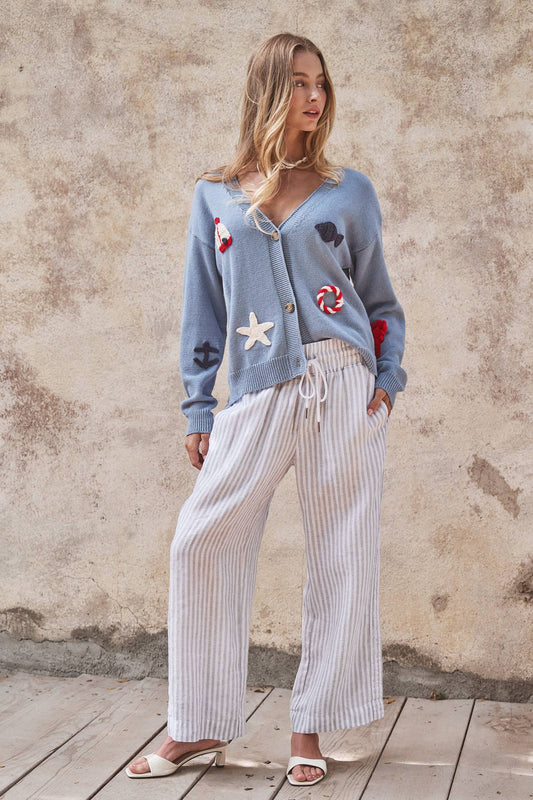 Crochet Patch Nautical Cardigan - Blue