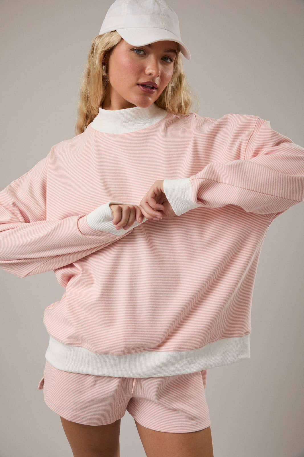 Mock Neck Stripe Sweatshirt - Peach Cream Stripe