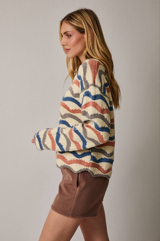 Round Neck Long Sleeve Wavy Stripe Sweater