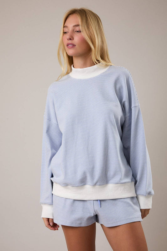 Mock Neck Stripe Sweatshirt - Light Blue Stripe