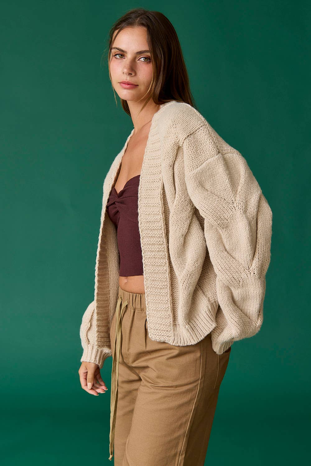 Oversized Cable Knit Cardigan - Tan