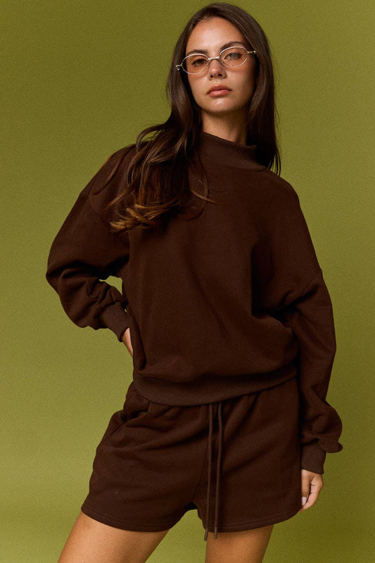 Mock Neckline Set Shorts: Chocolate