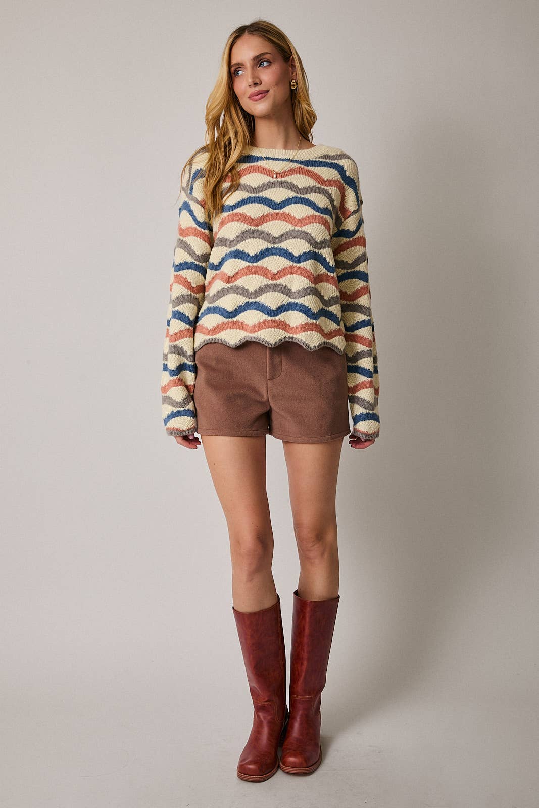 Round Neck Long Sleeve Wavy Stripe Sweater