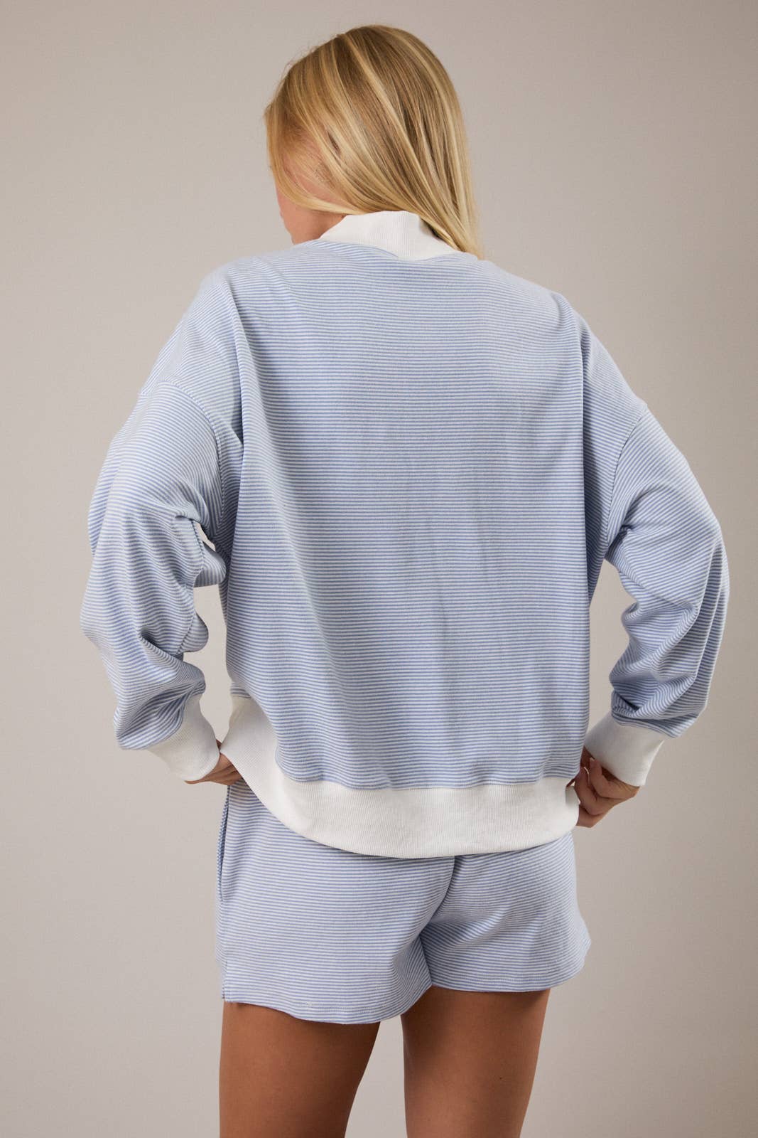 Mock Neck Stripe Sweatshirt - Light Blue Stripe
