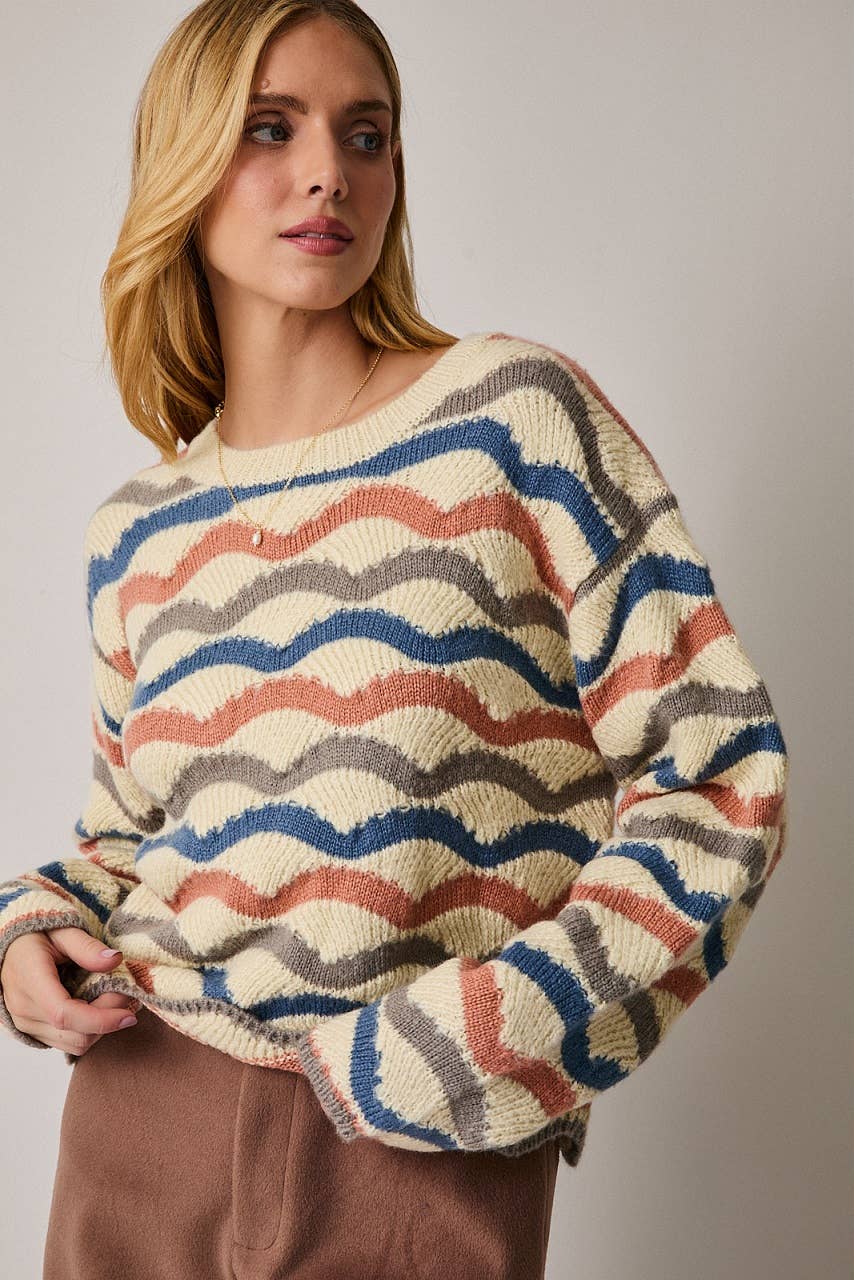 Round Neck Long Sleeve Wavy Stripe Sweater