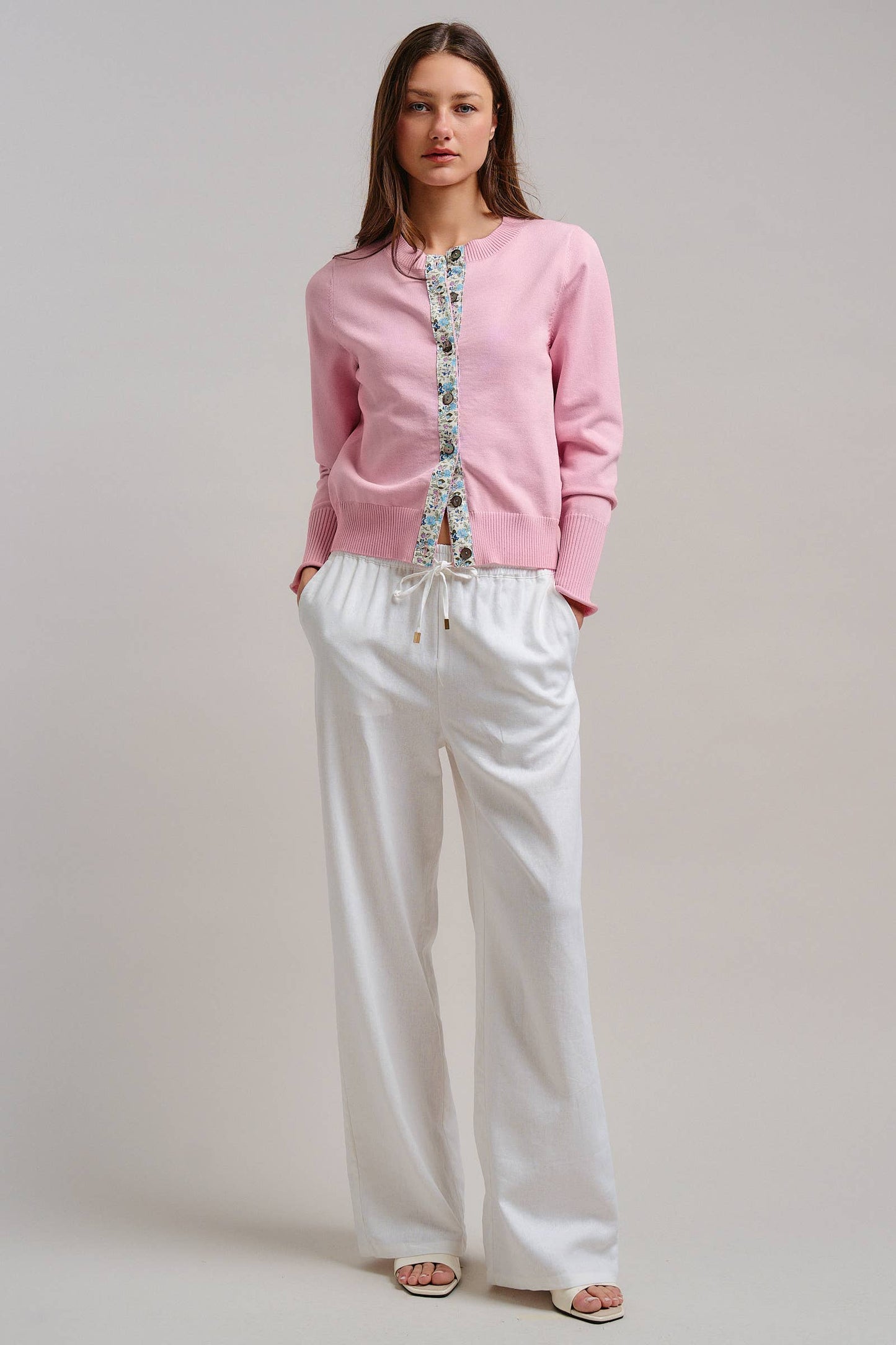 Contrast Floral Detail Knit Button Cardigan - Pink