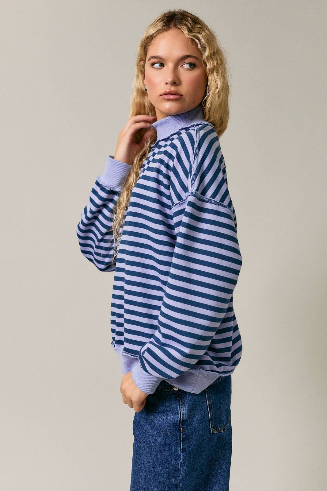 Stripe Mock Neck Sweater: LAVENDER