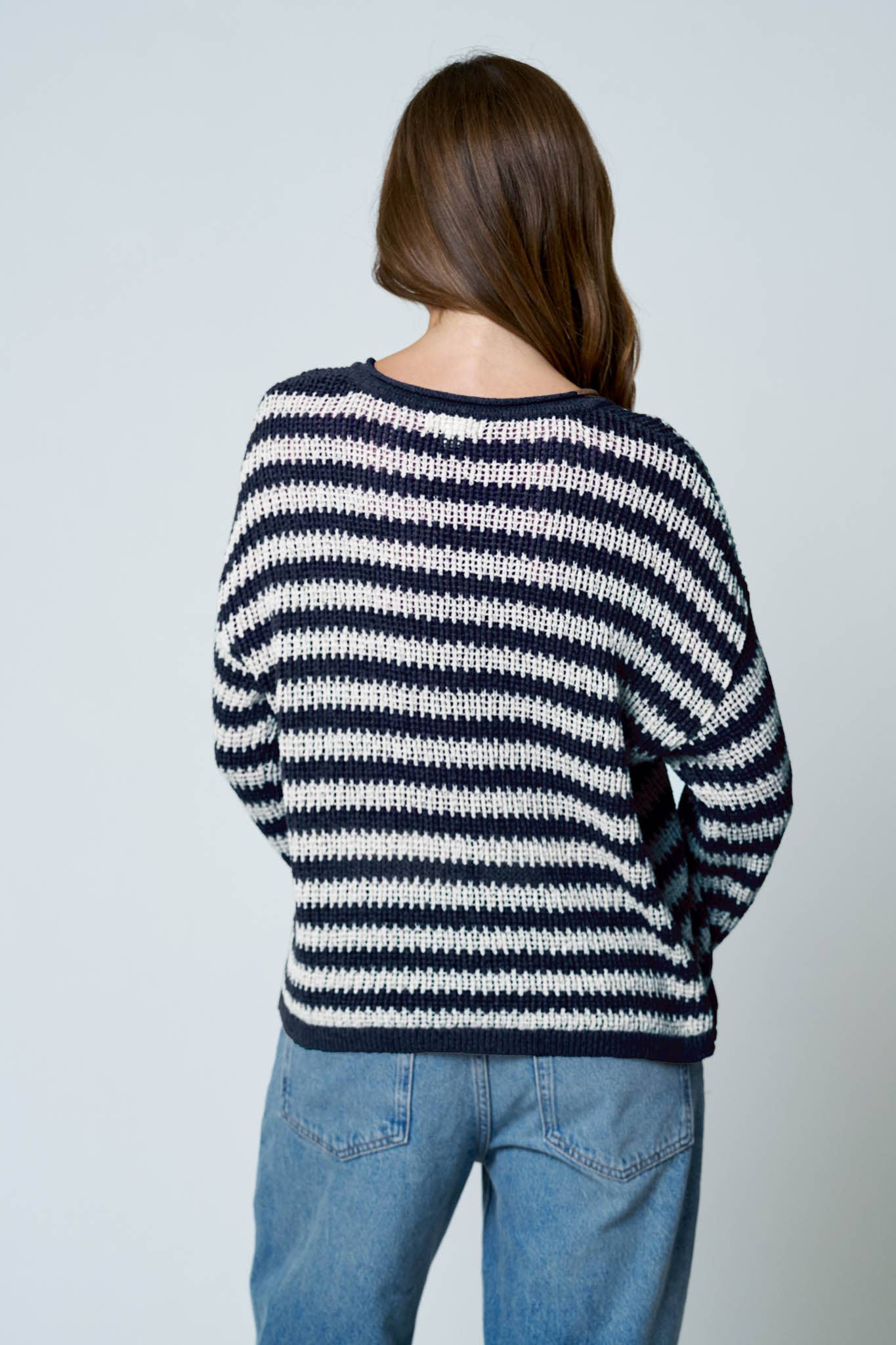 STRIPE RAW EDGE SPLIT NECK SHEER KNIT SWEATER - NAVY