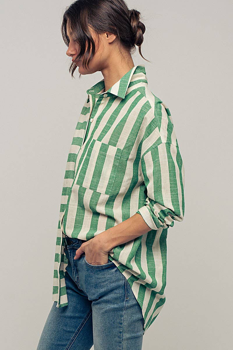 Mixed Stripe Pattern Oversized Button Down Shirt