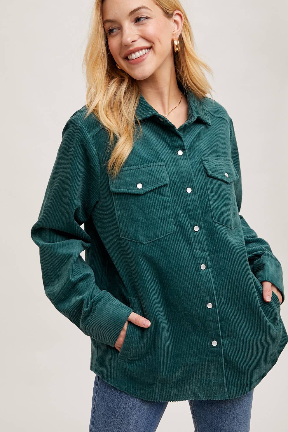 Corduroy Shacket with Pockets - Peacock