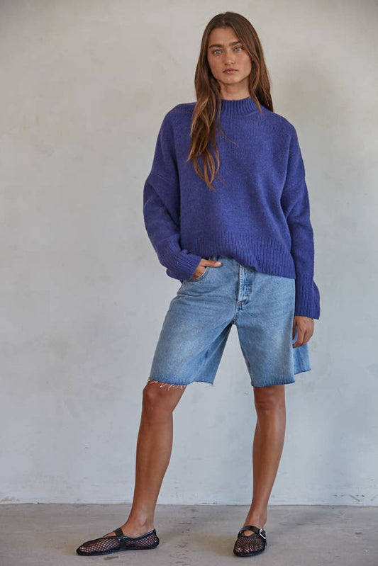 Knit Sweater Mock Neck Long Sleeve Top: Navy